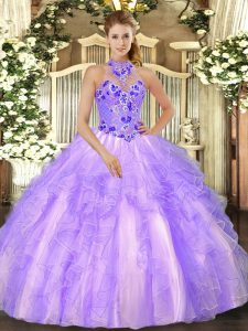 Most Popular Lavender Ball Gowns Halter Top Sleeveless Organza Floor Length Lace Up Beading and Ruffles 15th Birthday Dress