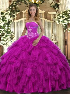 Delicate Ball Gowns Quinceanera Gowns Fuchsia Strapless Organza Sleeveless Floor Length Lace Up