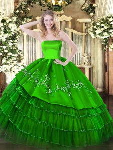 Fantastic Green Sleeveless Embroidery and Ruffled Layers Floor Length Quinceanera Gowns