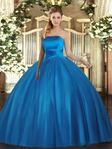 Ball Gowns Sweet 16 Quinceanera Dress Baby Blue Strapless Tulle Sleeveless Floor Length Lace Up