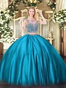 Hot Selling Floor Length Baby Blue Quinceanera Gown Satin Sleeveless Beading