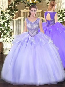 Floor Length Lace Up 15 Quinceanera Dress Lavender for Sweet 16 and Quinceanera with Beading