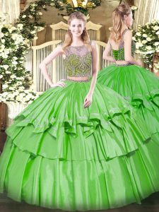 Flirting Scoop Sleeveless Quinceanera Dresses Floor Length Beading and Ruffled Layers Organza and Taffeta