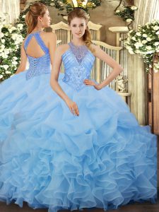 Floor Length Aqua Blue 15th Birthday Dress Organza Sleeveless Beading and Ruffles and Pick Ups