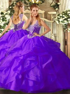 Super Purple Ball Gowns Tulle Straps Sleeveless Beading and Ruffles Floor Length Lace Up 15th Birthday Dress