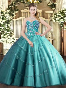 Teal Tulle Lace Up Sweet 16 Dresses Sleeveless Floor Length Beading and Appliques