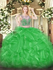 Customized Scoop Sleeveless Vestidos de Quinceanera Floor Length Beading and Ruffles Green Organza