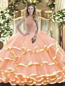 Sleeveless Floor Length Beading and Ruffled Layers Lace Up Quinceanera Dresses with Peach