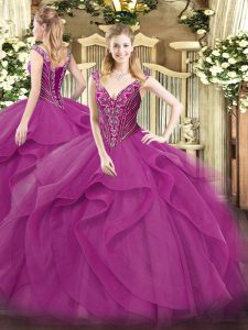 Lilac Lace Up Sweet 16 Dress Beading and Ruffles Sleeveless Floor Length