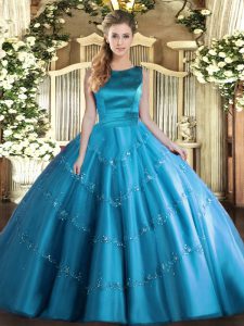 Simple Floor Length Aqua Blue 15 Quinceanera Dress Scoop Sleeveless Lace Up