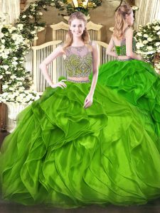 Sleeveless Floor Length Beading and Ruffles Lace Up Ball Gown Prom Dress with Green