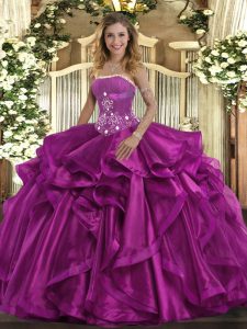 Low Price Floor Length Fuchsia Quinceanera Dresses Organza Sleeveless Beading and Ruffles