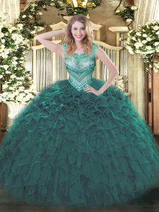 Admirable Teal Ball Gowns Beading and Ruffles Quinceanera Dresses Lace Up Organza Sleeveless Floor Length