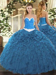 Perfect Sweetheart Sleeveless Organza 15th Birthday Dress Appliques and Ruffles Lace Up