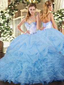 Sweetheart Sleeveless Organza Ball Gown Prom Dress Beading and Ruffles and Pick Ups Lace Up