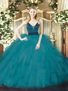 Luxurious Ball Gowns Quinceanera Dresses Teal Straps Tulle Sleeveless Floor Length Zipper