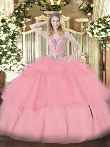 Exquisite Baby Pink Ball Gowns Sweetheart Sleeveless Tulle Floor Length Lace Up Beading and Ruffled Layers Quinceanera Gowns