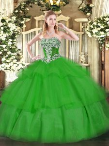 Luxurious Green Ball Gowns Strapless Sleeveless Tulle Floor Length Lace Up Beading and Ruffled Layers Sweet 16 Dresses