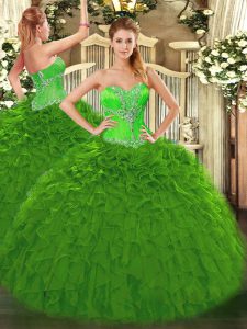 Delicate Green Ball Gowns Beading and Ruffles Quinceanera Gowns Lace Up Organza Sleeveless Floor Length