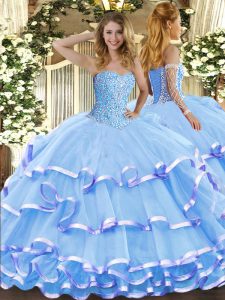 Glittering Floor Length Aqua Blue Quinceanera Dress Sweetheart Sleeveless Lace Up