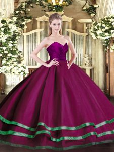 High Quality Floor Length Zipper Sweet 16 Dresses Fuchsia for Military Ball and Sweet 16 and Quinceanera with Ruffled Layers