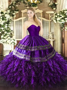 Sumptuous Purple Zipper Sweet 16 Dresses Embroidery and Ruffles Sleeveless Floor Length