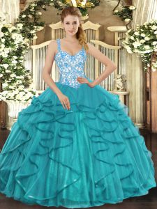 Teal Lace Up Sweet 16 Dress Beading and Ruffles Sleeveless Floor Length