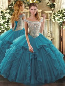 Beauteous Teal Off The Shoulder Lace Up Beading and Ruffles Ball Gown Prom Dress Sleeveless