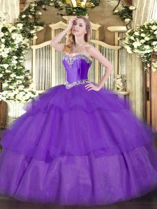 Top Selling Floor Length Lavender Sweet 16 Quinceanera Dress Tulle Sleeveless Beading and Ruffled Layers