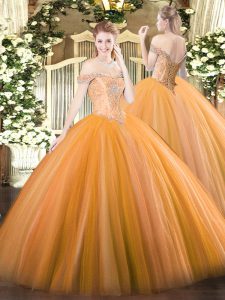 Modern Orange Ball Gowns Off The Shoulder Sleeveless Tulle Floor Length Lace Up Beading Sweet 16 Dresses