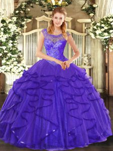 Delicate Floor Length Blue Sweet 16 Dresses Tulle Sleeveless Beading and Ruffles