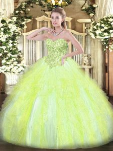 Graceful Yellow Green Ball Gowns Appliques and Ruffles Sweet 16 Dress Lace Up Tulle Sleeveless Floor Length