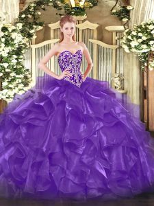 Flare Purple Organza Lace Up Sweetheart Sleeveless Floor Length 15th Birthday Dress Beading and Ruffles