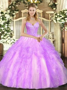 Beauteous Sleeveless Tulle Floor Length Lace Up Sweet 16 Dresses in Lilac with Beading and Ruffles