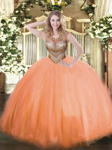 Spectacular Orange Red Scoop Neckline Beading Quinceanera Gowns Sleeveless Lace Up