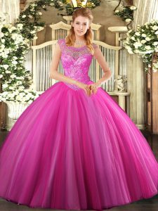 Romantic Floor Length Ball Gowns Sleeveless Hot Pink Sweet 16 Quinceanera Dress Lace Up