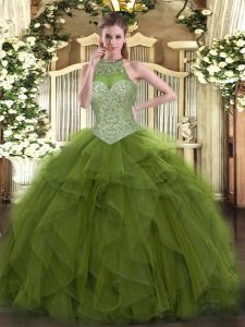 Luxury Olive Green Lace Up Halter Top Beading Ball Gown Prom Dress Tulle Sleeveless