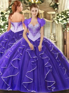 Beading Sweet 16 Dress Purple Lace Up Cap Sleeves Floor Length