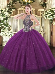 Eggplant Purple Halter Top Neckline Beading Vestidos de Quinceanera Sleeveless Lace Up