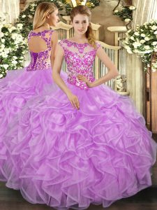 Sweet Lilac Cap Sleeves Organza Lace Up Quince Ball Gowns for Sweet 16 and Quinceanera