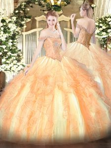 Multi-color Quinceanera Gown Military Ball and Sweet 16 and Quinceanera with Beading and Ruffles Off The Shoulder Sleeveless Lace Up