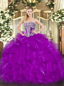 Organza Strapless Sleeveless Lace Up Beading and Ruffles Sweet 16 Quinceanera Dress in Purple