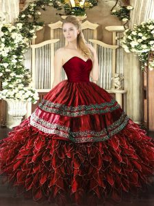 Cute Sweetheart Sleeveless Quince Ball Gowns Floor Length Embroidery and Ruffles Wine Red Organza and Taffeta