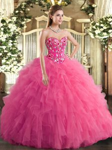 Hot Pink Ball Gowns Sweetheart Sleeveless Tulle Lace Up Embroidery and Ruffles Sweet 16 Dress