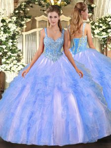 Light Blue Lace Up Quinceanera Gown Beading and Ruffles Sleeveless Floor Length