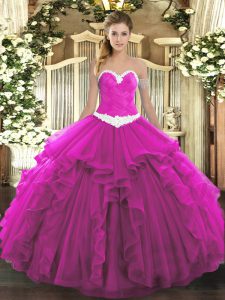 Extravagant Sweetheart Sleeveless Organza Quinceanera Dress Appliques and Ruffles Lace Up