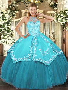 Halter Top Sleeveless Lace Up Quinceanera Dresses Aqua Blue Satin and Tulle