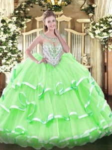 Exceptional Scoop Sleeveless Sweet 16 Quinceanera Dress Floor Length Beading and Ruffled Layers Organza