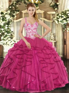 New Style Hot Pink Ball Gowns Tulle Straps Sleeveless Beading and Appliques and Ruffles Floor Length Lace Up Quinceanera Dress