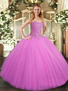 Trendy Lilac Quinceanera Gown Military Ball and Sweet 16 and Quinceanera with Beading Sweetheart Sleeveless Lace Up